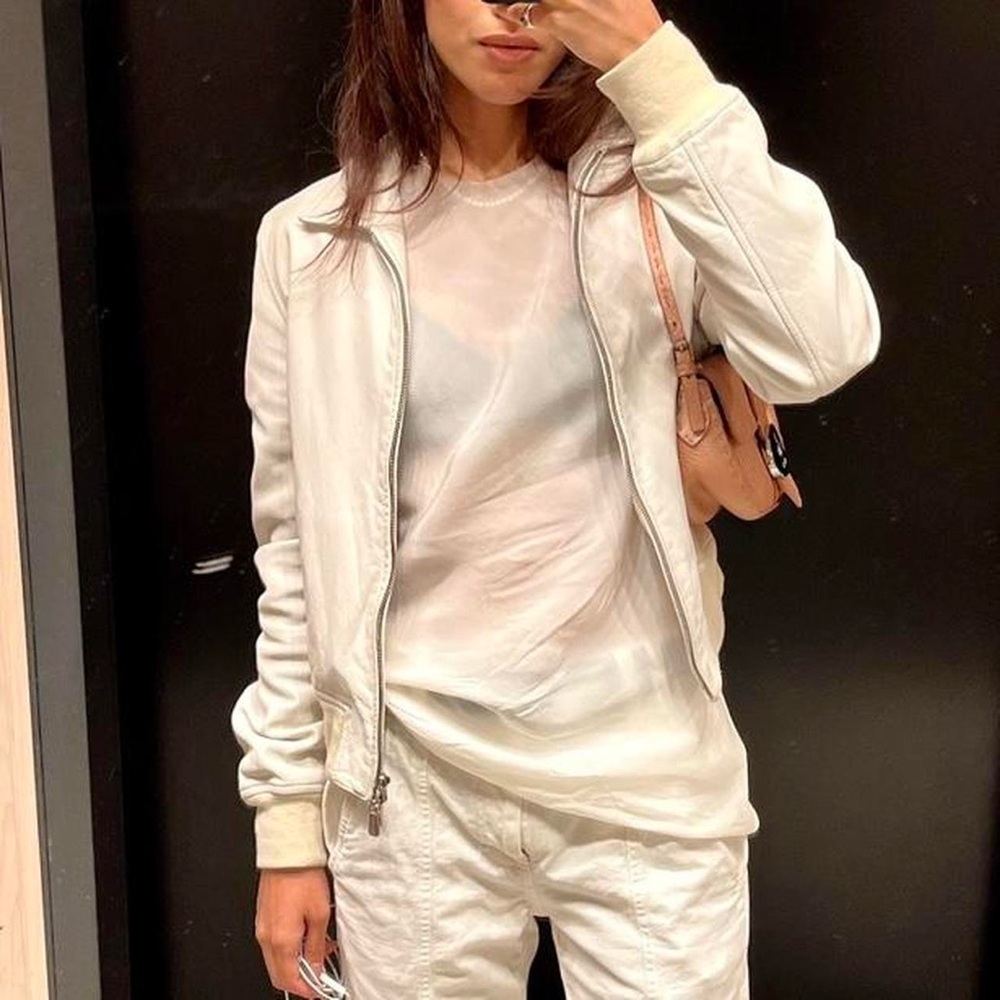 Loro Piana White Bomber Jacket ribbed cuffs soft leather